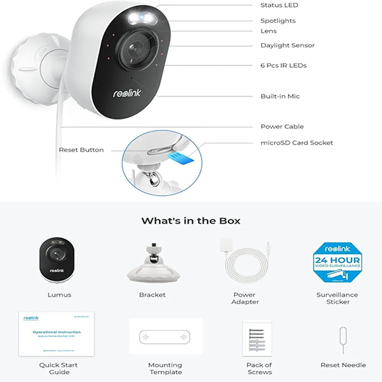 Reolink lumus box pack power adapter included with complete accessories camera with 2 way audio colour night vision 2k 4mp camera